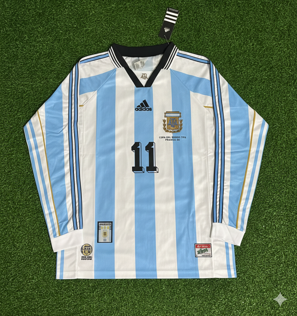 Juan Sebastian Veron Argentina 1998 World Cup White Long Sleeve Retro Football Jersey Kit