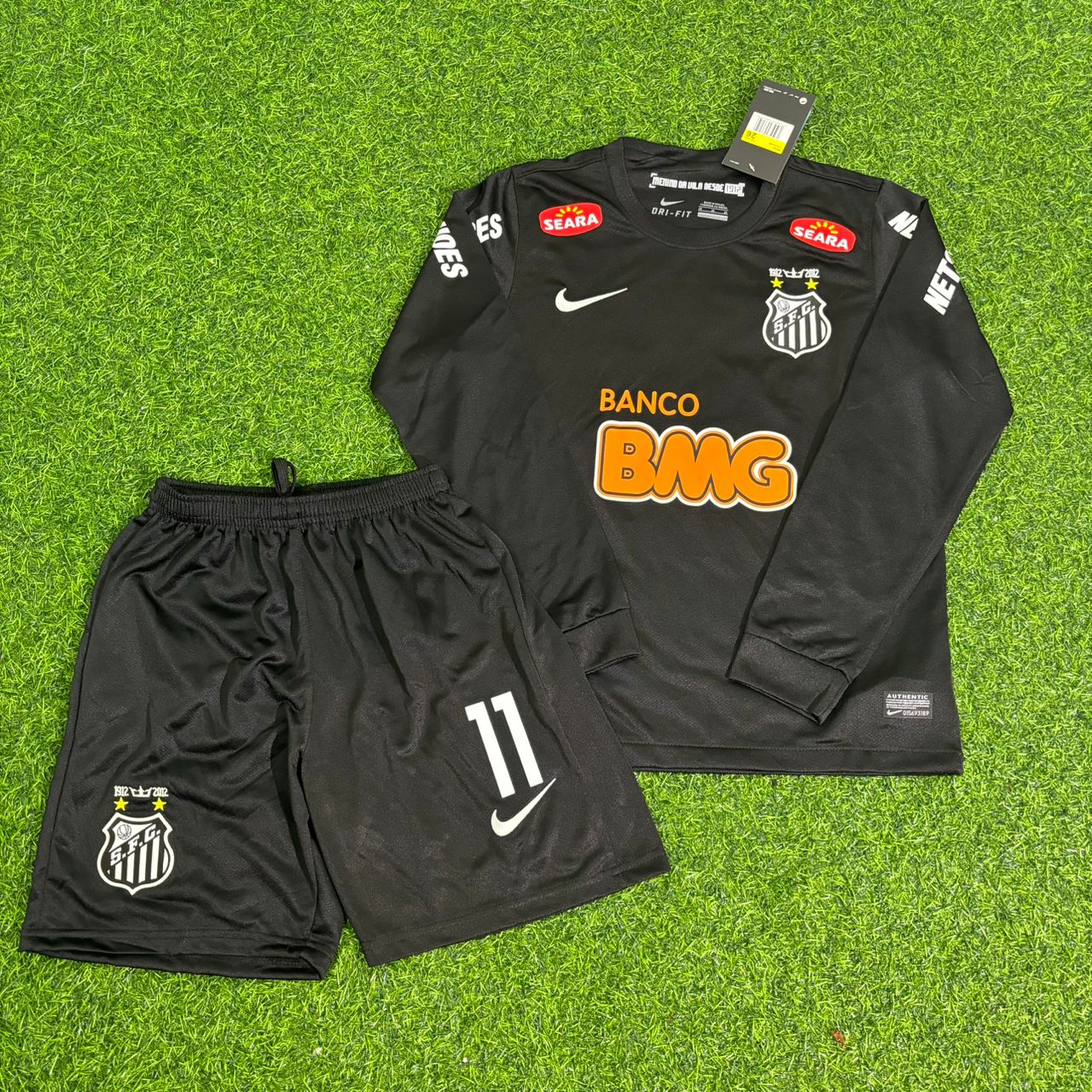 Neymar Jr Santos Kids Black Long Sleeve Retro Football Jersey Kit