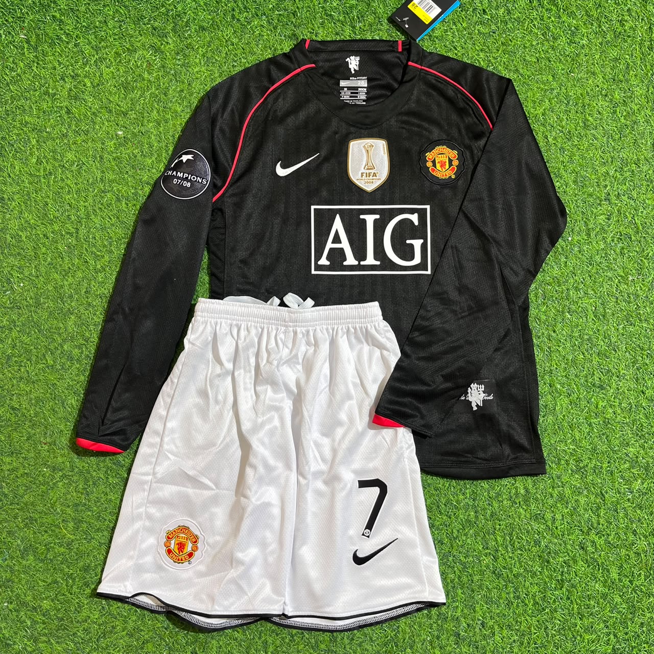 Cristiano Ronaldo 7 Manchester United 2007-2008 Black Champions League Patch Kids Kit Jersey Trikot Maillot KinderTrikot Soccer Shirt