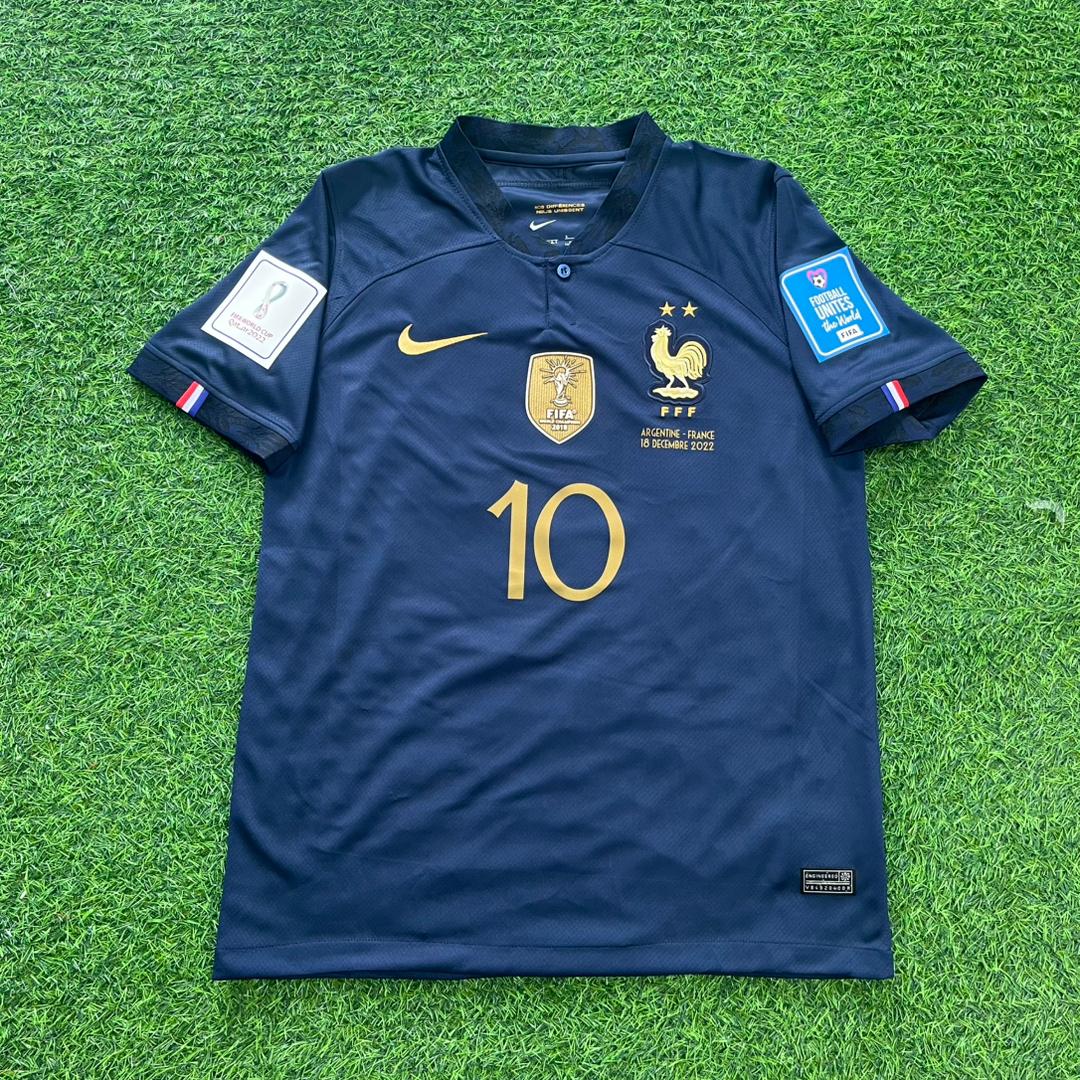 Kylian Mbappé France 2022 World Cup Final retro football jersey front view