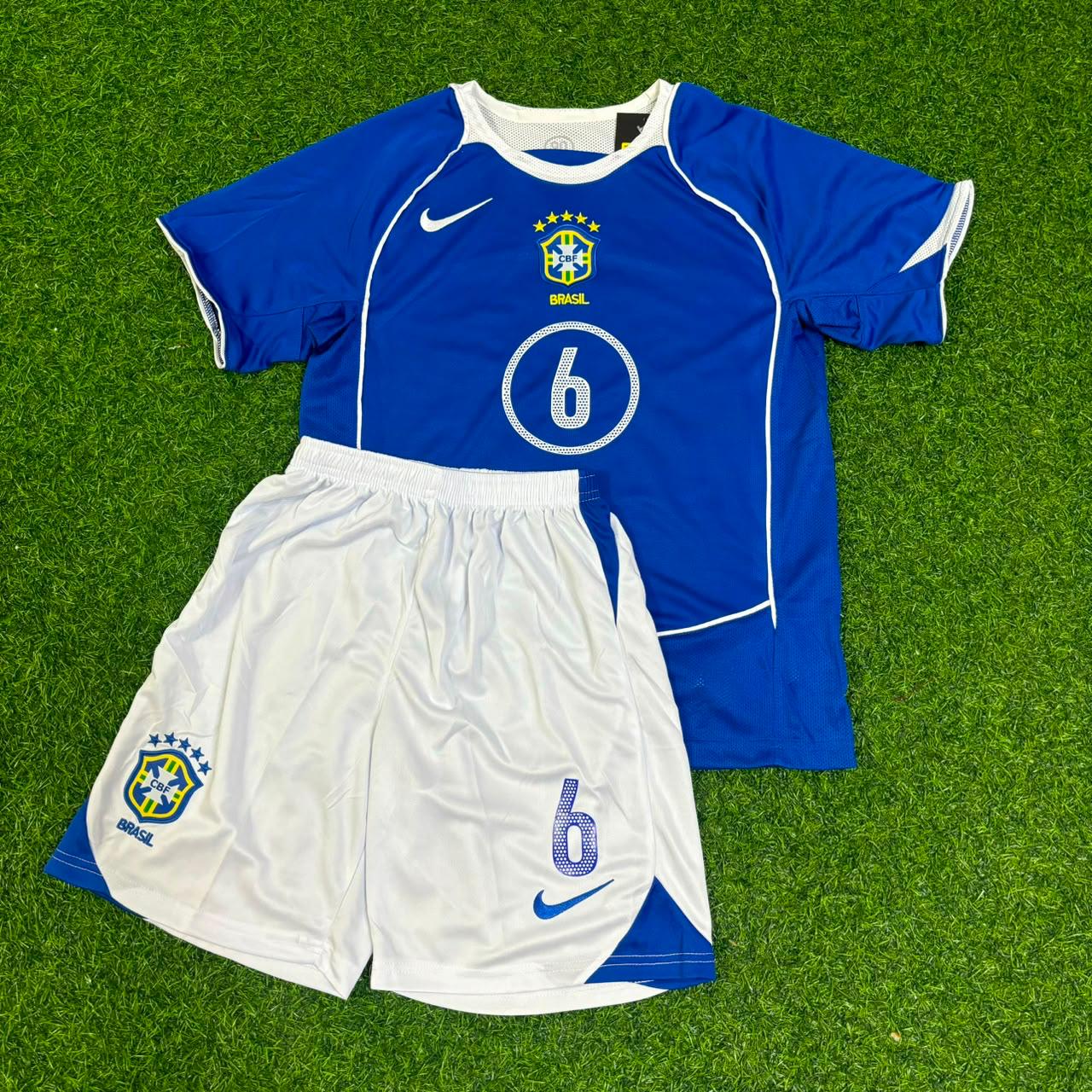 Roberto Carlos #6 Brazil 2004 Blue Away Kids Kit Retro Football Jersey Kit