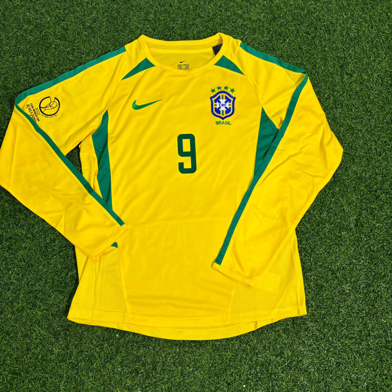 Ronaldo Nazário Brasilien WM-Finale 2002 Gelbes Langarm-Retro-Fußballtrikot
