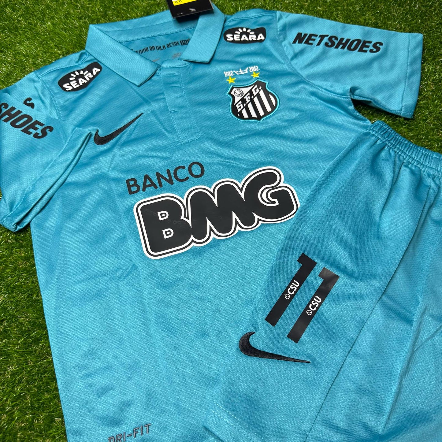 Neymar JR Santos FC 2011 2012 Retro Blue Green Turquoise Kids Kit Jersey KinderTrikot Soccer Shirt