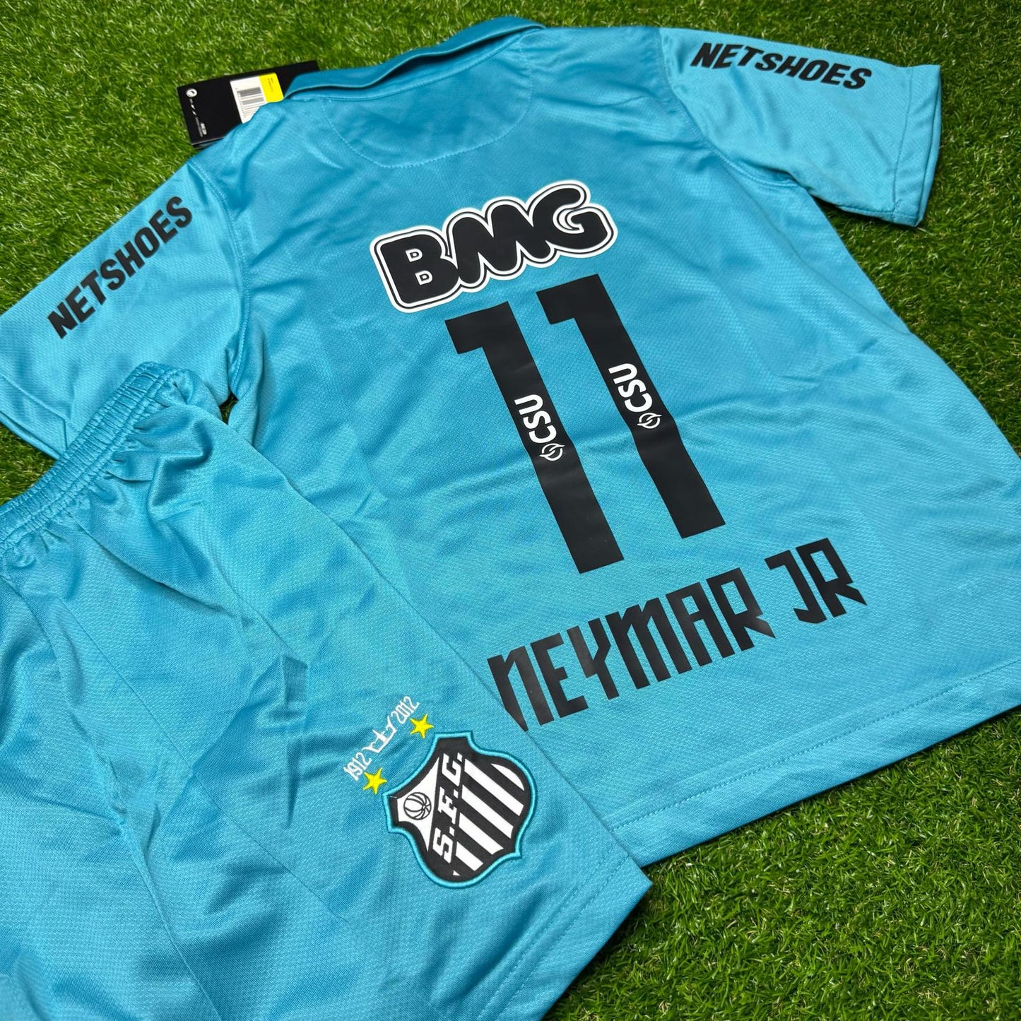 Neymar JR Santos FC 2011 2012 Retro Blue Green Turquoise Kids Kit Jersey KinderTrikot Soccer Shirt