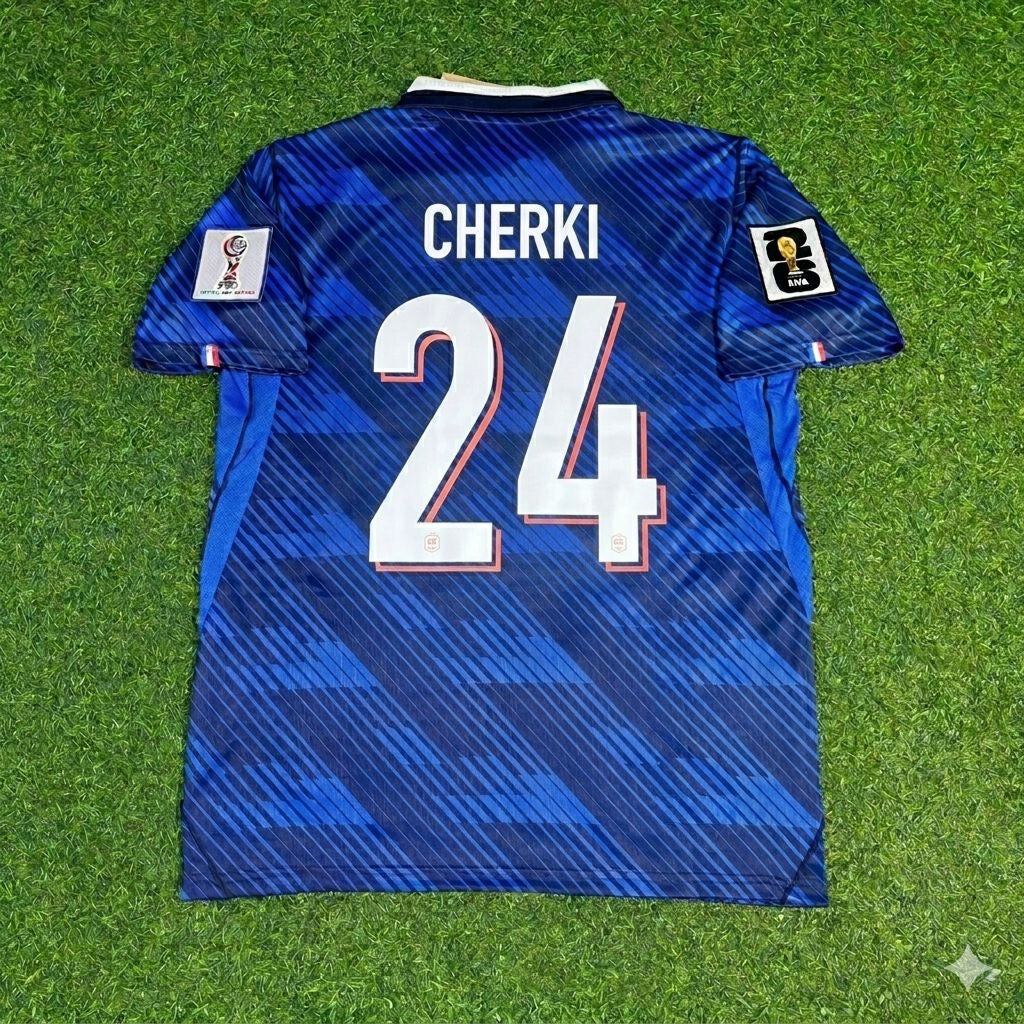 Maillot de football bleu domicile de la France Coupe du Monde 2026 Rayan Cherki 24