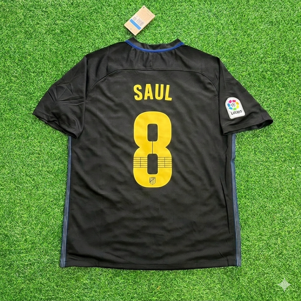 Saul Niguez 8 – Atletico Madrid 2016-17 Black Away Retro Kit Jersey Trikot Maillot