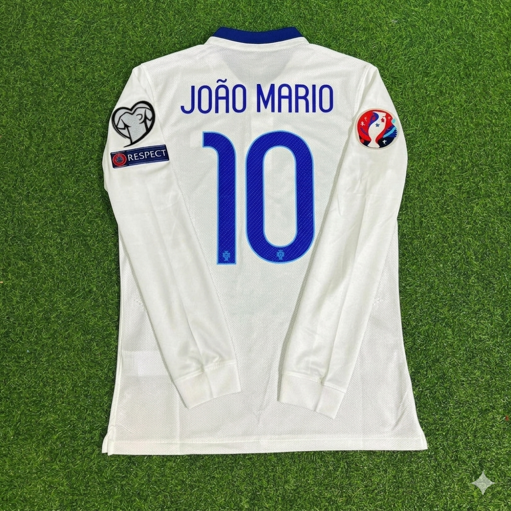 Joao Mario Portugal EURO 2016 White Long Sleeve Retro Football Jersey
