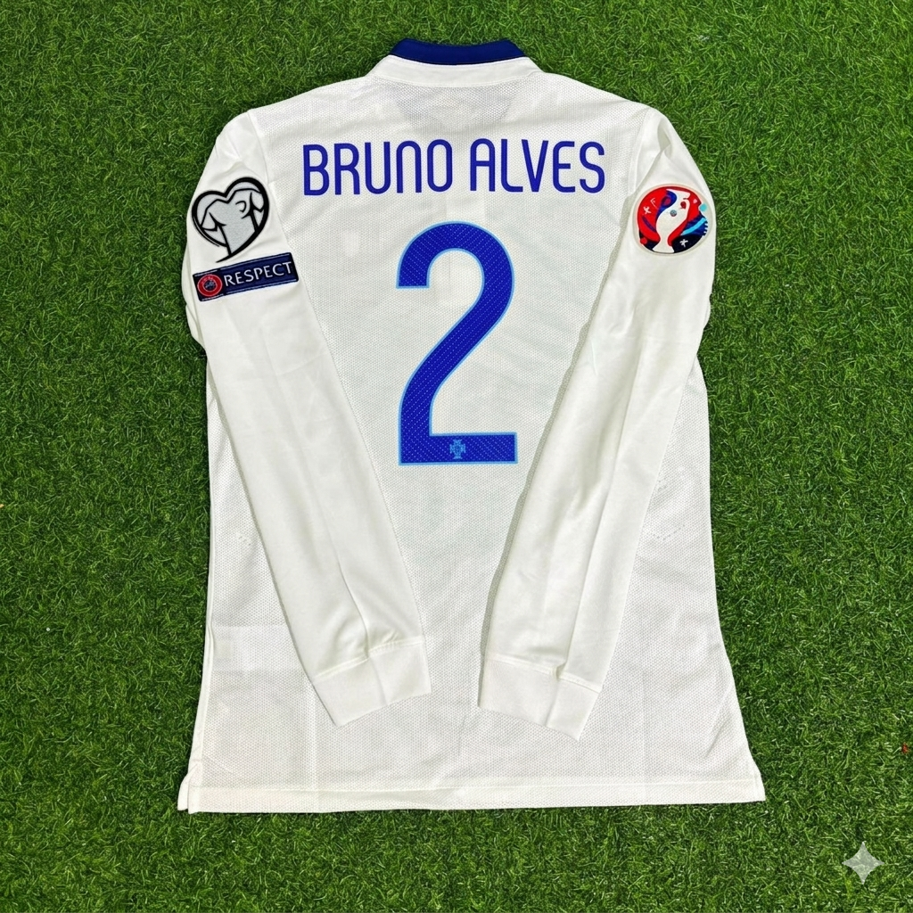Bruno Alves Portugal EURO 2016 White Long Sleeve Retro Football Jersey