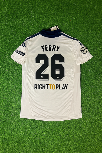 Maillot rétro blanc et jaune de la Ligue des champions de Chelsea 2011-2012, numéro 26 de John Terry