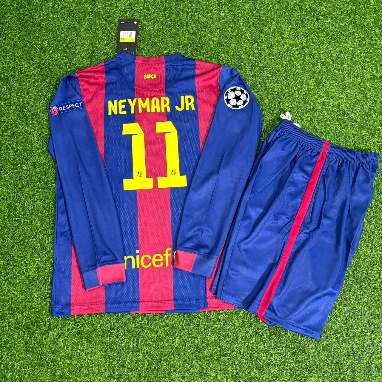 Maillot de football rétro à manches longues pour enfant, porté par Neymar Jr et le FC Barcelone, lors de la finale de la Ligue des champions 2015.