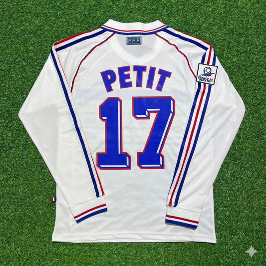 Emmanuel Petit #17 France 1998 World Cup White Away Long Sleeve Retro Jersey