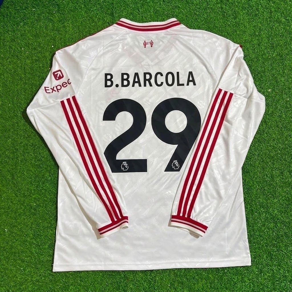 Bradley Barcola #29 Liverpool 2027 New Season Long Sleeve Away White Football Jersey Kit