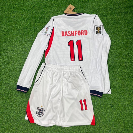 Marcus Rashford #11 England 2026 World Cup Kids White Long Sleeve Football Jersey
