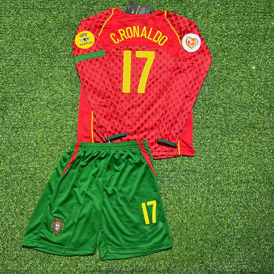 Cristiano Ronaldo Portugal EURO 2004 Long Sleeve Retro Home Red Kids Football Jersey