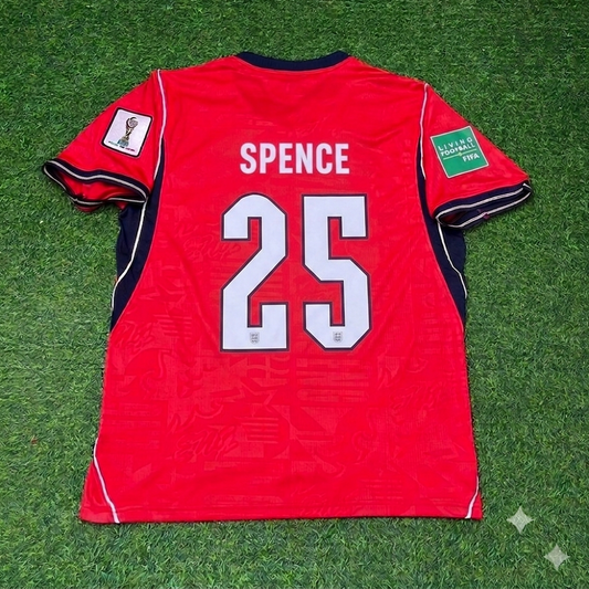 Djed Spence #25 England 2026 World Cup Away Red Football Jersey