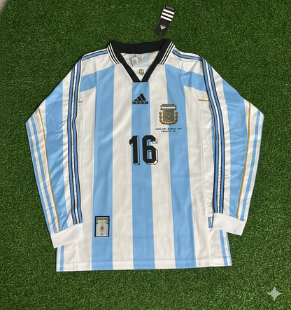 Diego Simeone Argentina 1998 World Cup White Long Sleeve Retro Football Jersey Kit