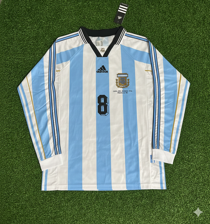 Javier Zanetti Argentina 1998 World Cup White Long Sleeve Retro Football Jersey Kit