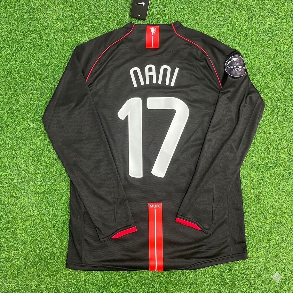 Luis Nani Manchester United 2007/2008 Champions League Patch Black Retro Football Jersey Kit