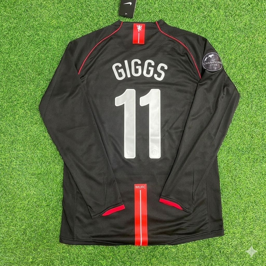 Ryan Giggs Manchester United 2007/2008 Champions League Patch Black Retro Football Jersey Kit