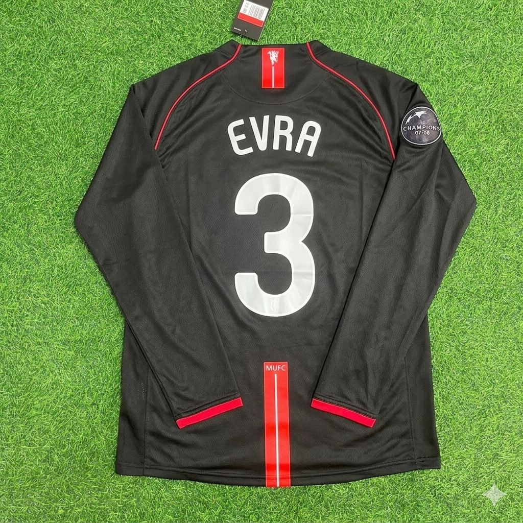 Patrice Evra Manchester United 2007/2008 Champions League Patch Black Retro Football Jersey Kit