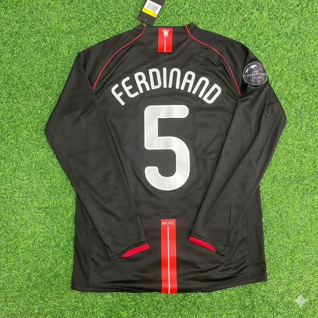 Rio Ferdinand Manchester United 2007/2008 Champions League Patch Schwarzes Retro-Fußballtrikot-Set