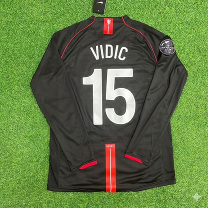 Nemanja Vidic Manchester United 2007/2008 Champions League Patch Black Retro Football Jersey Kit