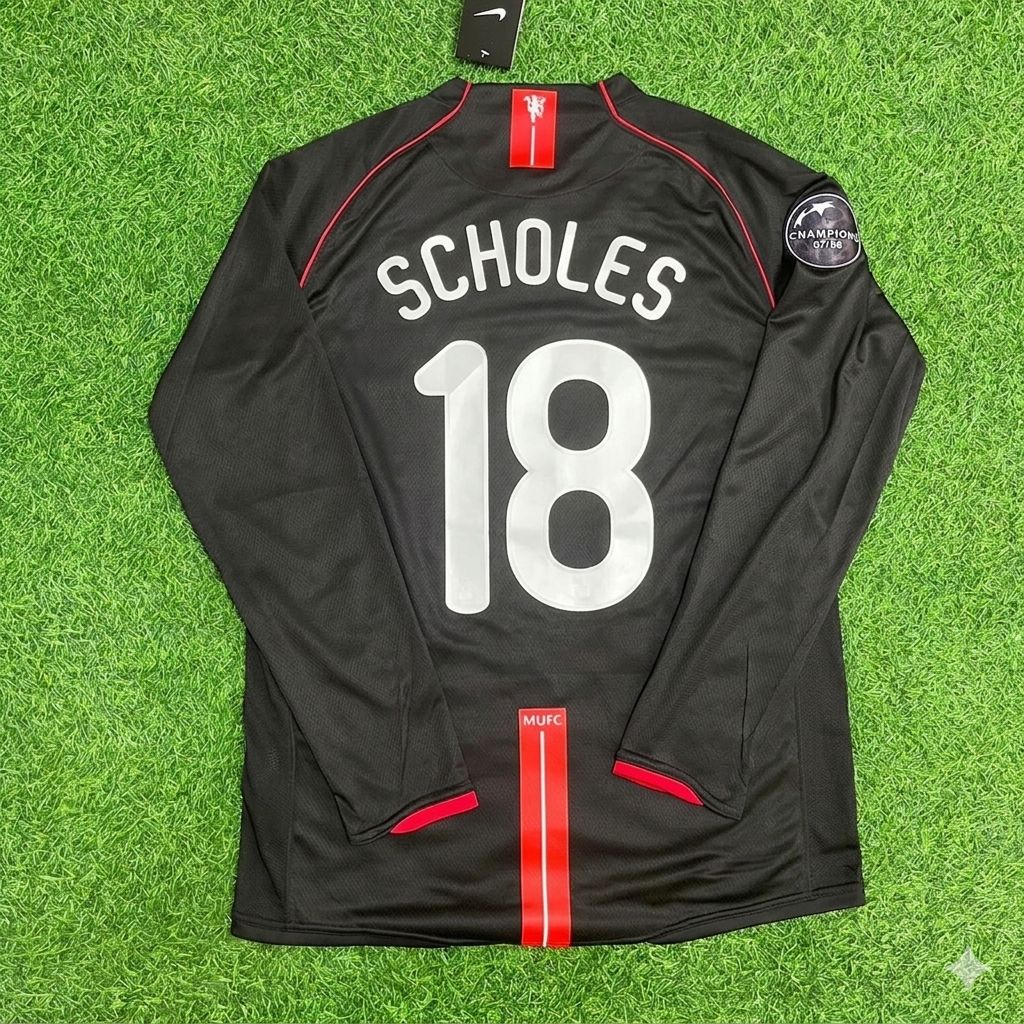 Paul Scholes Manchester United 2007/2008 Champions League Patch Black Retro Football Jersey Kit