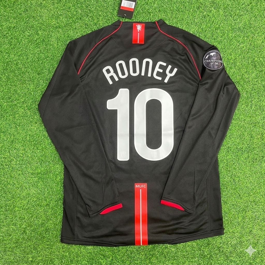 Wayne Rooney Manchester United 2007/2008 Champions League Patch Black Retro Football Jersey Kit