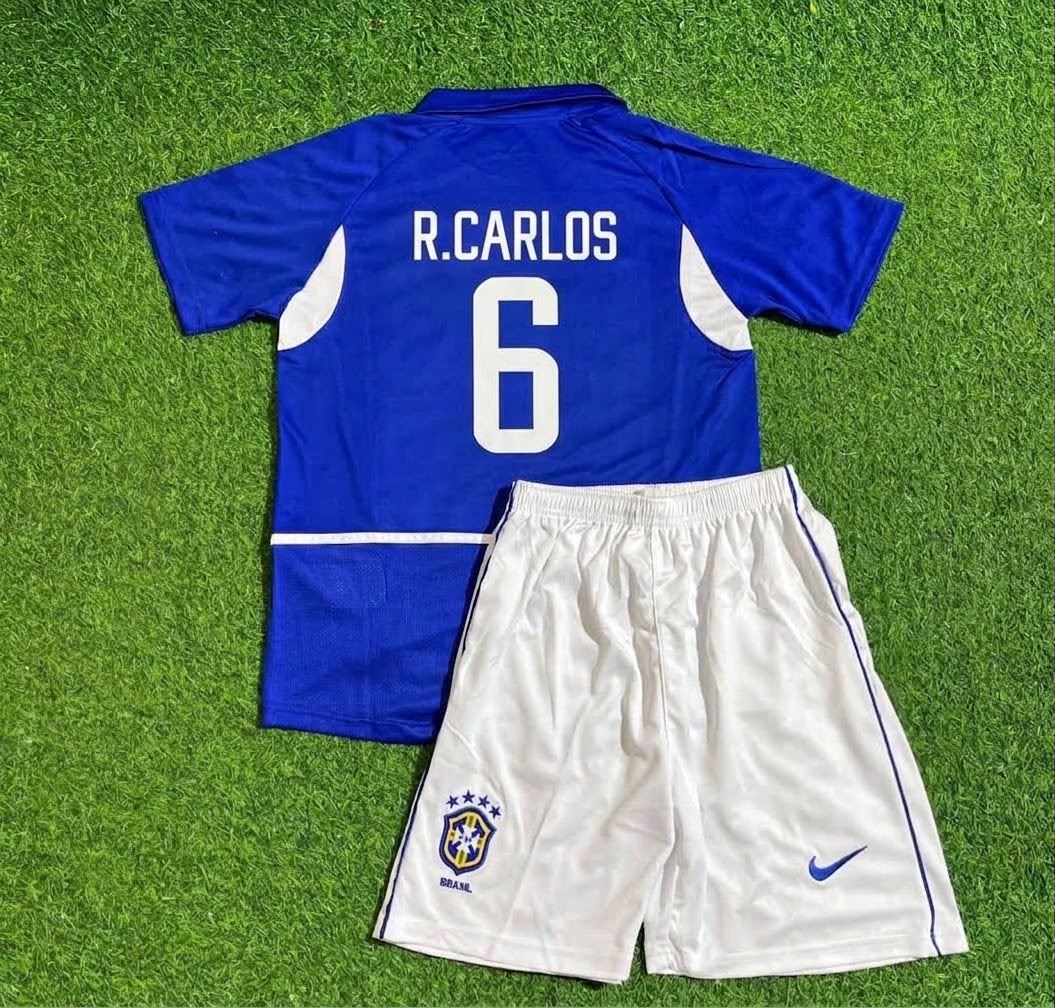 Roberto Carlos Brazil 2002 Away Kids Kit – Kit Jersey for Children – | KinderTrikot | Maillot Enfant Soccer Shirt
