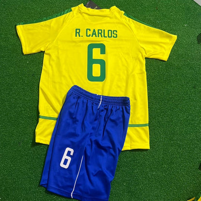 Roberto Carlos Brazil 2002 World Cup Retro Kids Soccer Kit Jersey Kinder Trikot Maillot Enfant Soccer Shirt