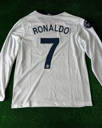 Cristiano Ronaldo Manchester United – Weißes, langärmeliges Retro-Fußballtrikot
