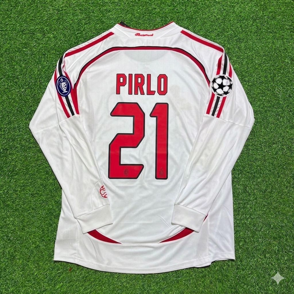 Andrea Pirlo #21 AC Milan 2007 Champions League Final Away White Long Sleeve Retro Jersey