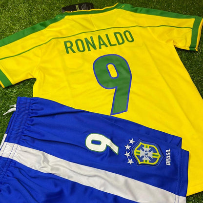 Ronaldo Nazario Brazil 1998 Home Kids Kit – Kit Jersey for Children – | KinderTrikot | Maillot Enfant Soccer Shirt