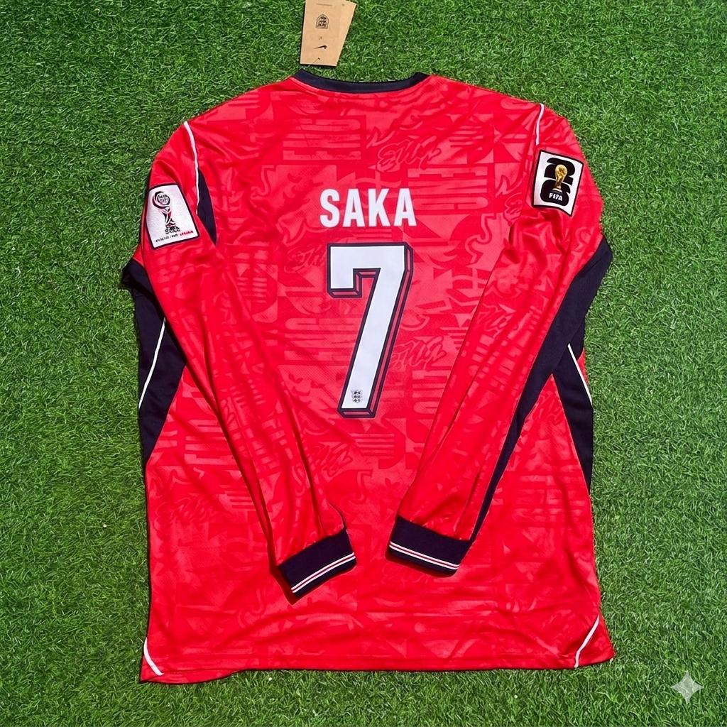 Maillot de football à manches longues rouge domicile Bukayo Saka Angleterre Coupe du Monde 2026