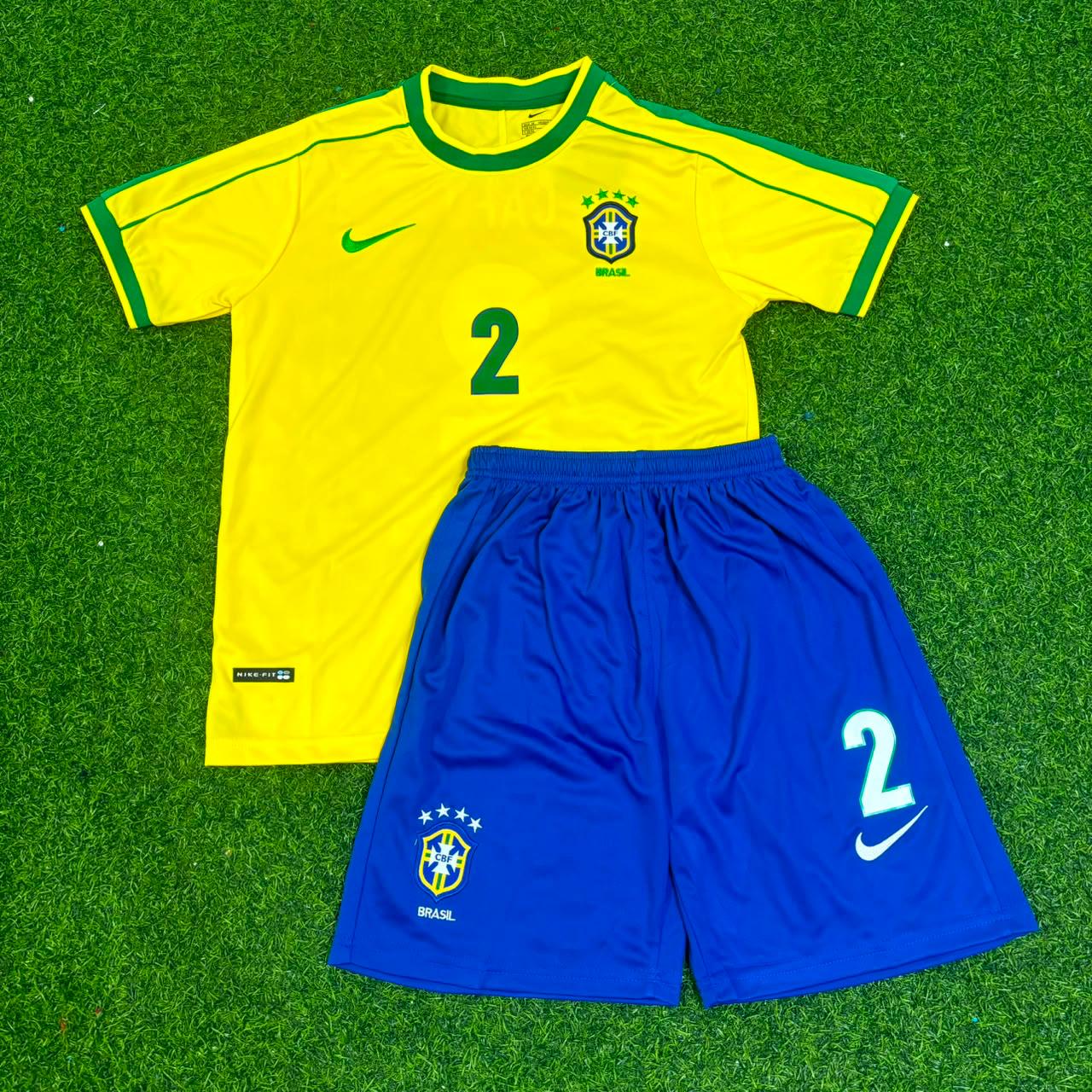 Cafu #2 Brazil 2002 World Cup Retro Kids Soccer Kit Jersey Kinder Trikot Maillot Enfant Soccer Shirt