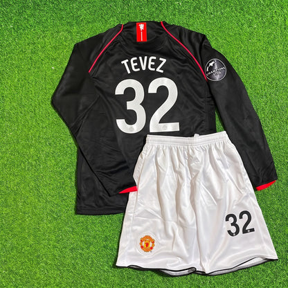 Carlos Tevez Manchester United 2007/2008 CL Patch Black KIDS Retro Football Jersey Kit