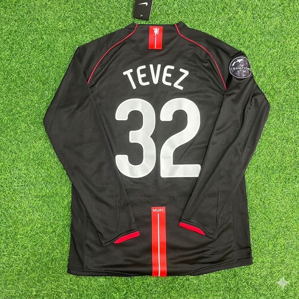 Carlos Tevez Manchester United 2007/2008 Champions League Patch Black Retro Football Jersey Kit