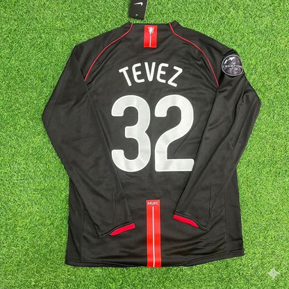 Carlos Tevez Manchester United 2007/2008 Champions League Patch Black Retro Football Jersey Kit