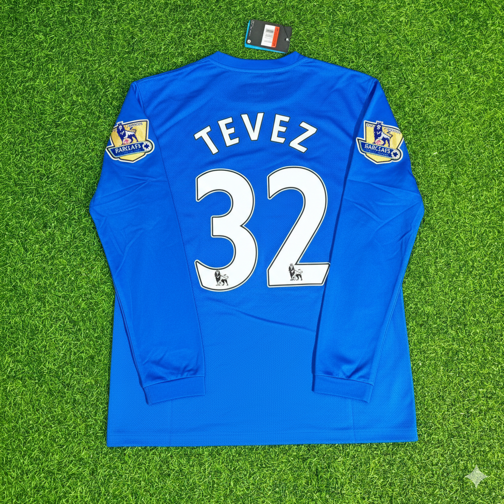 Carlos Tevez Manchester United 2008 Blue EPL Patch Retro Long Sleeve Football Jersey