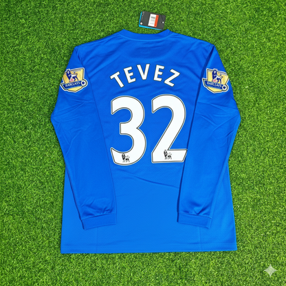 Carlos Tevez Manchester United 2008 Blue EPL Patch Retro Long Sleeve Football Jersey