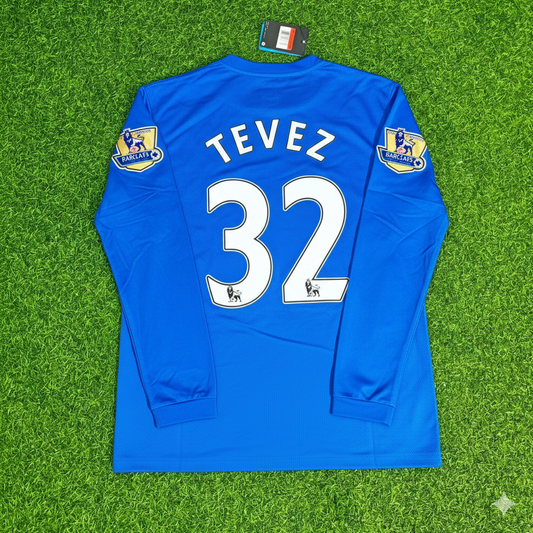 Carlos Tevez Manchester United 2008 Blue EPL Patch Retro Long Sleeve Football Jersey
