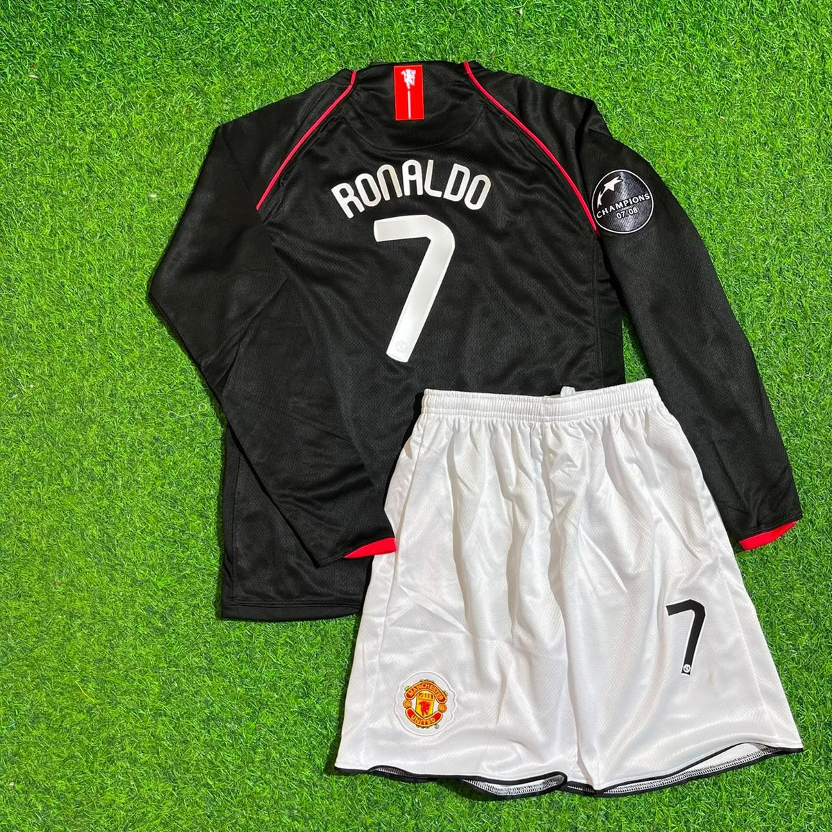 Cristiano Ronaldo 7  Manchester United 2007-2008 Black Champions League Patch Kids Kit Jersey Trikot Maillot KinderTrikot Soccer Shirt