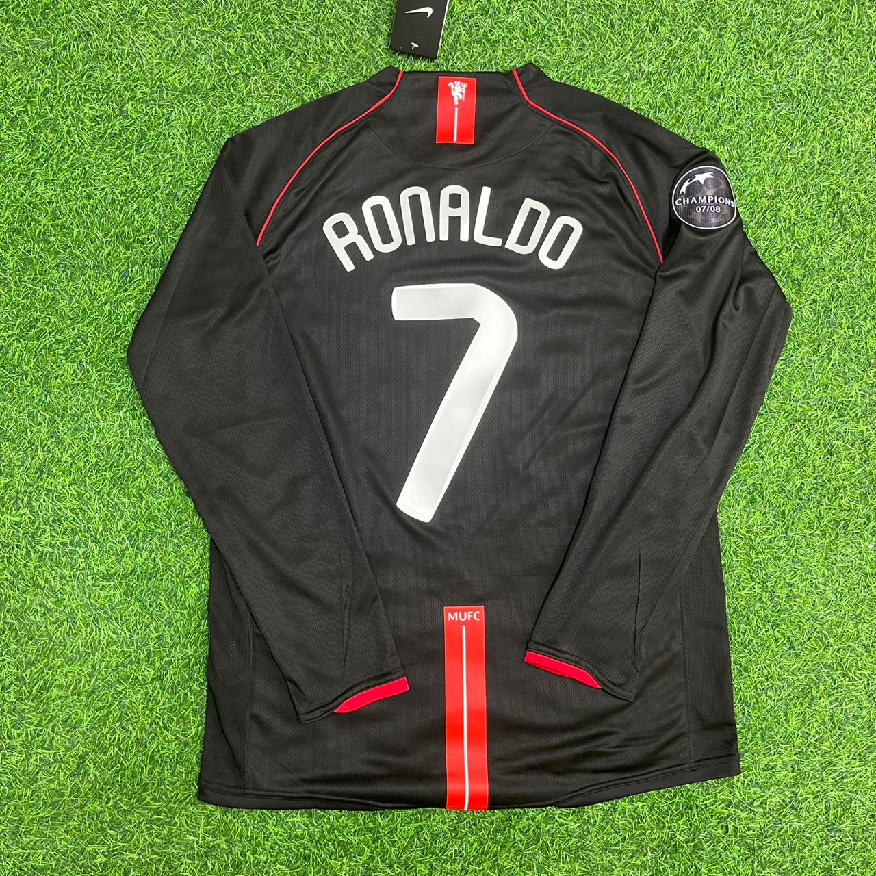 Cristiano Ronaldo Manchester United 2007/2008 Champions League Patch Black Retro Football Jersey Kit