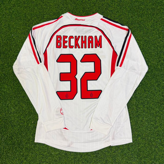 David Beckham #32 AC Milan Away White Long Sleeve Retro Jersey
