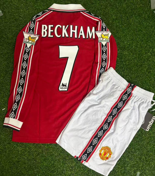 David Beckham Manchester United 1999 Red Long Sleeve Kids Retro Football Jersey Kit