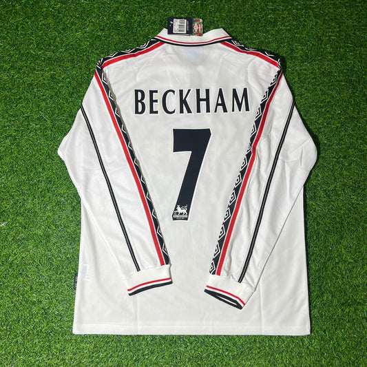 David Beckham Manchester United 1999 White Long Sleeve Retro Football Jersey Kit