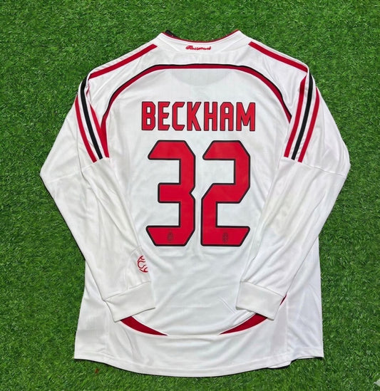 David Beckham #32 AC Milan Away White Long Sleeve Retro Jersey