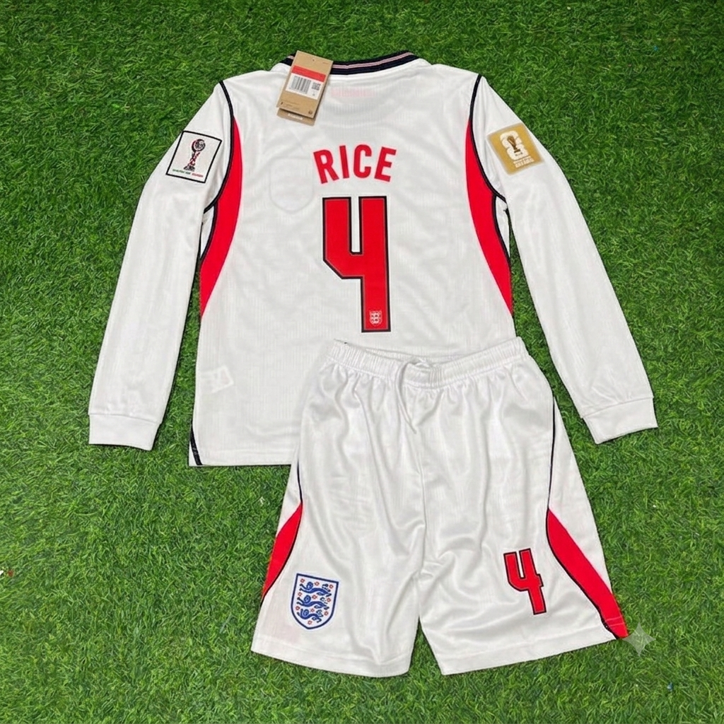 Declan Rice #4 England 2026 World Cup White Kids Long Sleeve Football Jersey Kit