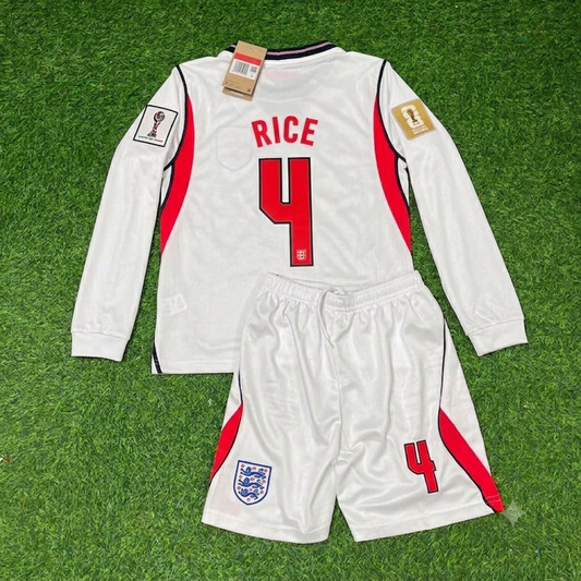Declan Rice #4 England 2026 World Cup White Kids Long Sleeve Football Jersey Kit
