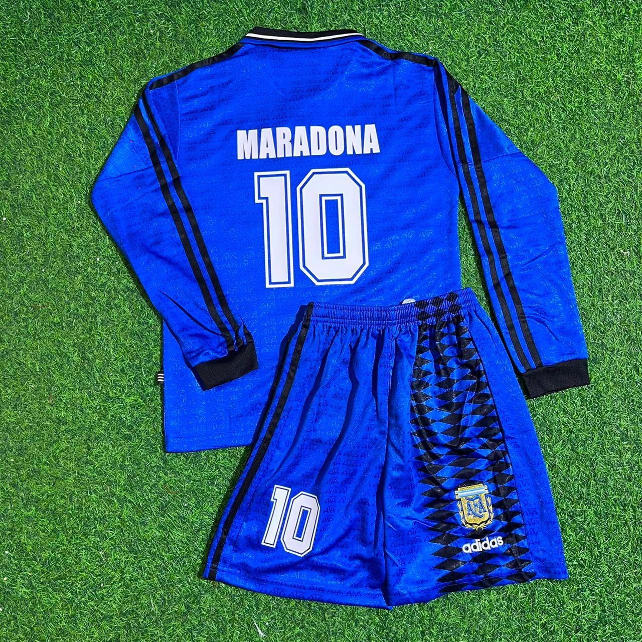 Diego Maradona Argentina 1994 World Cup Long Sleeve Blue Kids Retro Football Jersey Kit